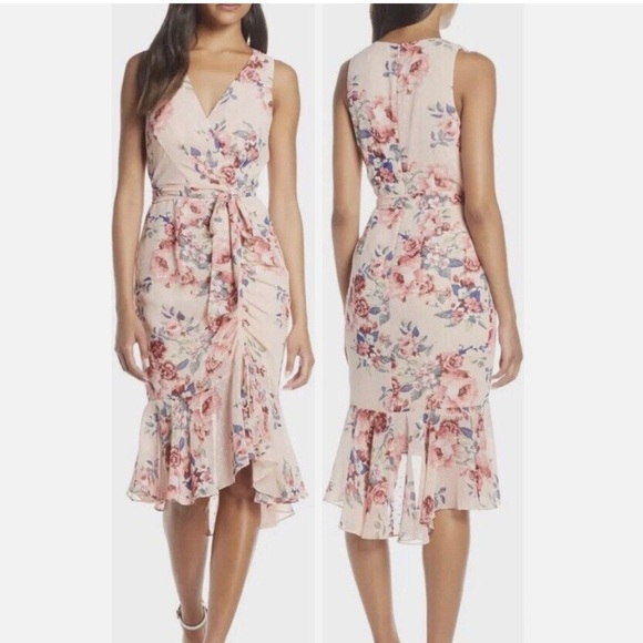 Eliza J NWT Sleeveless Floral Ruched Chiffon Faux Wrap Dress in Blush - Picture 7 of 7